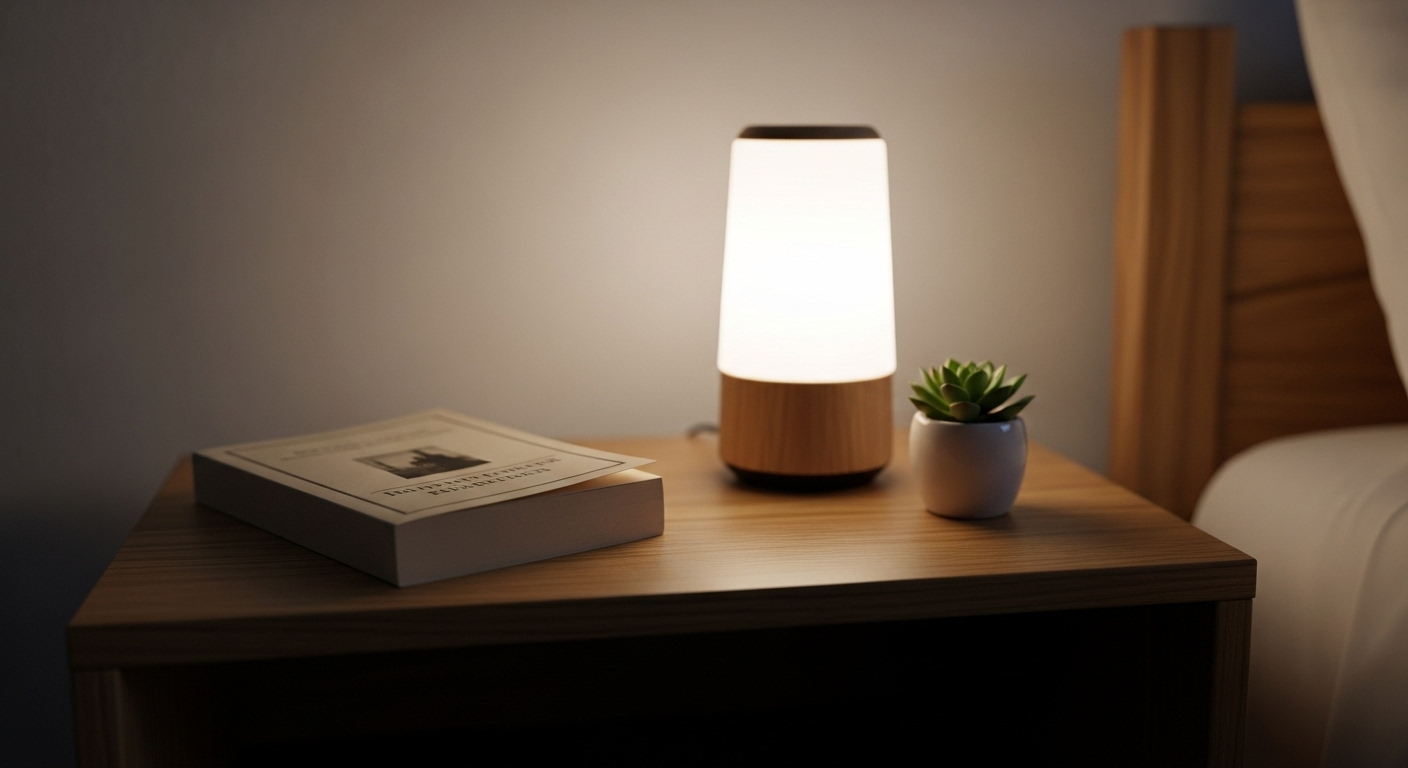 Kệ đầu giường gỗ tự nhiên trang trí sách, đèn và cây mọng nước, gợi ý hiệu quả cho decor phòng ngủ giá rẻ.