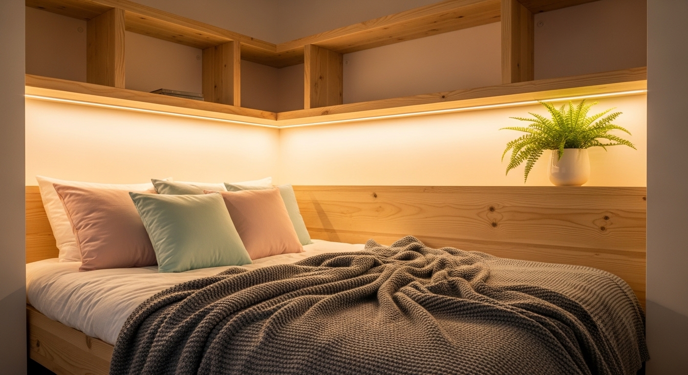 Một phòng ngủ nhỏ phong cách Scandinavian ấm cúng với nội thất gỗ sáng màu, đèn LED hắt sáng dịu và cây xanh tươi mát. Hình ảnh minh họa cách decor phòng ngủ nhỏ đẹp và hiện đại.