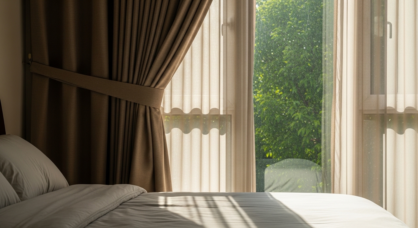 Ánh nắng ban mai dịu nhẹ xuyên qua rèm cửa vào phòng ngủ thanh bình, làm nổi bật ga giường sáng màu. Ý tưởng trang trí phòng ngủ với ánh sáng tự nhiên. Ánh nắng ban mai dịu nhẹ xuyên qua rèm cửa vào phòng ngủ thanh bình, làm nổi bật ga giường sáng màu. Ý tưởng trang trí phòng ngủ với ánh sáng tự nhiên.