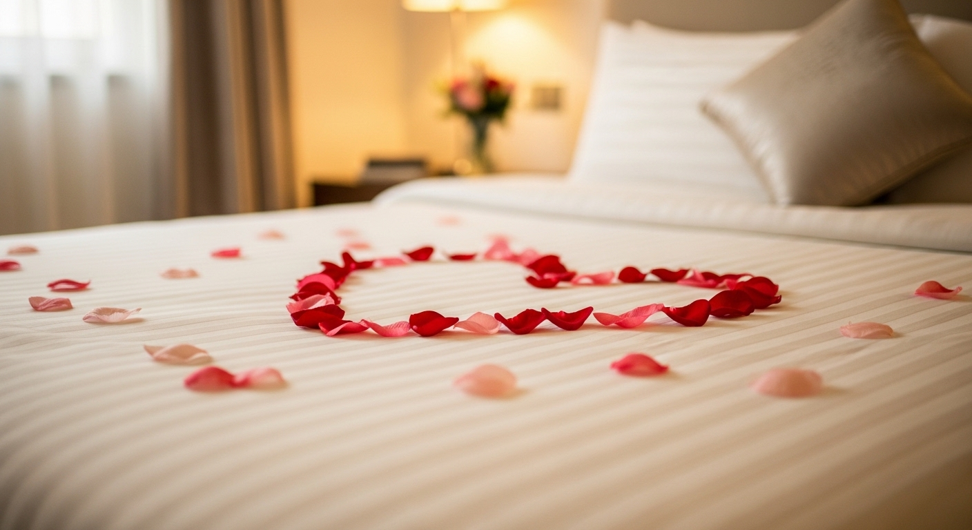 Hình ảnh giường ngủ tông kem sạch sẽ, rải cánh hoa hồng đỏ và hồng tạo hình trái tim tinh tế cùng gối trang trí êm ái. Ý tưởng trang trí phòng ngủ 20/10 lãng mạn.