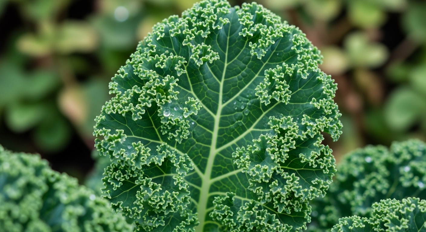 Cận cảnh lá cải xoăn xanh mướt, giọt nước long lanh trên bề mặt, minh họa lợi ích của chất xơ dồi dào từ rau xanh.