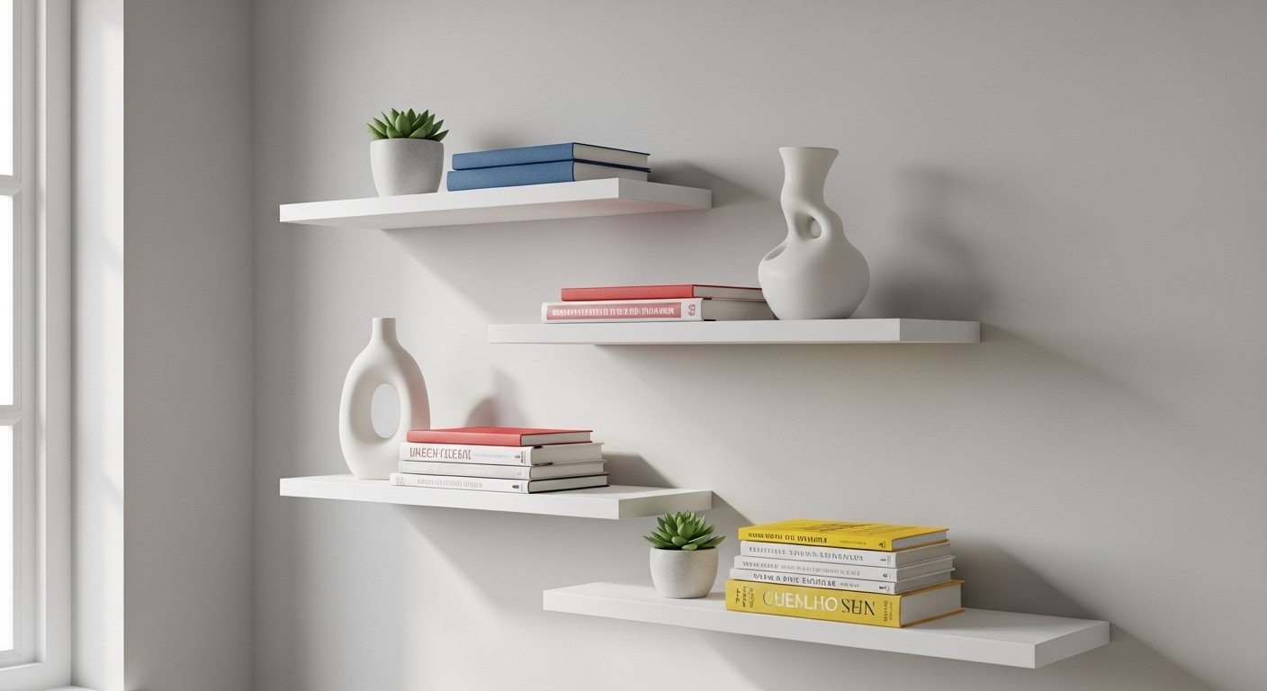Kệ nổi trắng trên tường xám trưng bày sách và cây xanh, một ý tưởng trang trí phòng ngủ đơn giản tiết kiệm.