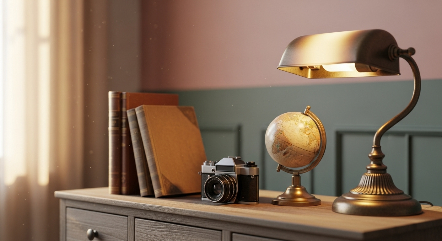 máy ảnh phim, sách cổ, quả địa cầu và đèn bàn cổ điển.