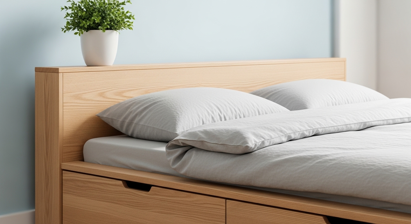 Giường gỗ sáng màu có ngăn kéo lưu trữ tích hợp, ga trải giường xám nhẹ và cây xanh trang trí đầu giường tối giản – ý tưởng tuyệt vời để tự trang trí phòng ngủ đơn giản. Giường gỗ sáng màu có ngăn kéo lưu trữ tích hợp, ga trải giường xám nhẹ và cây xanh trang trí đầu giường tối giản – ý tưởng tuyệt vời để tự trang trí phòng ngủ đơn giản.