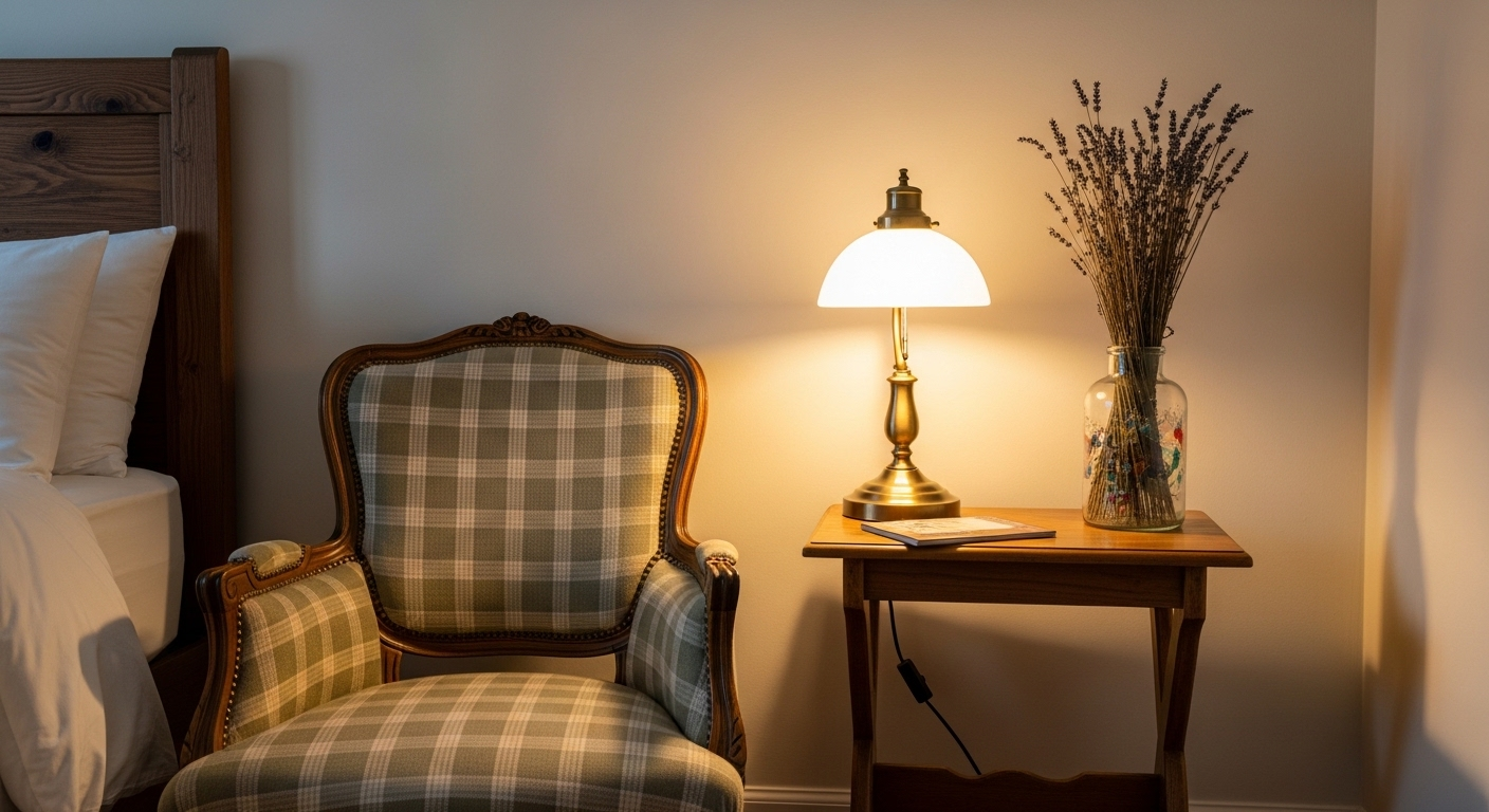Góc đọc sách yên tĩnh với ghế bành cổ điển, bàn gỗ nhỏ, đèn bàn đế đồng và bình hoa lavender khô, tạo nên không gian trang trí phòng ngủ vintage ấm áp.
