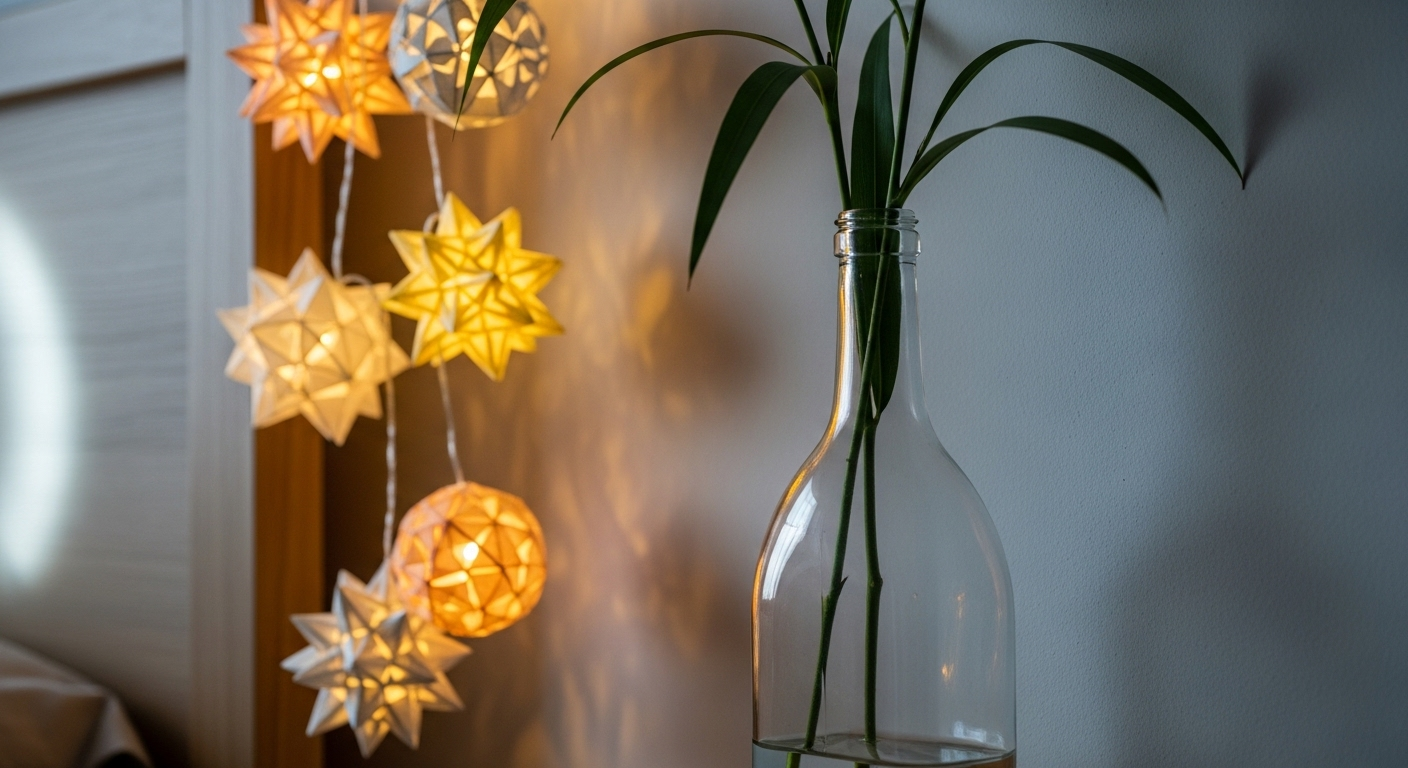 Góc đầu giường ấm cúng với dây đèn lồng giấy sáng dịu và lọ hoa từ chai thủy tinh tái chế đựng cành cây xanh, minh họa trang trí phòng ngủ đơn giản ít tốn kém.