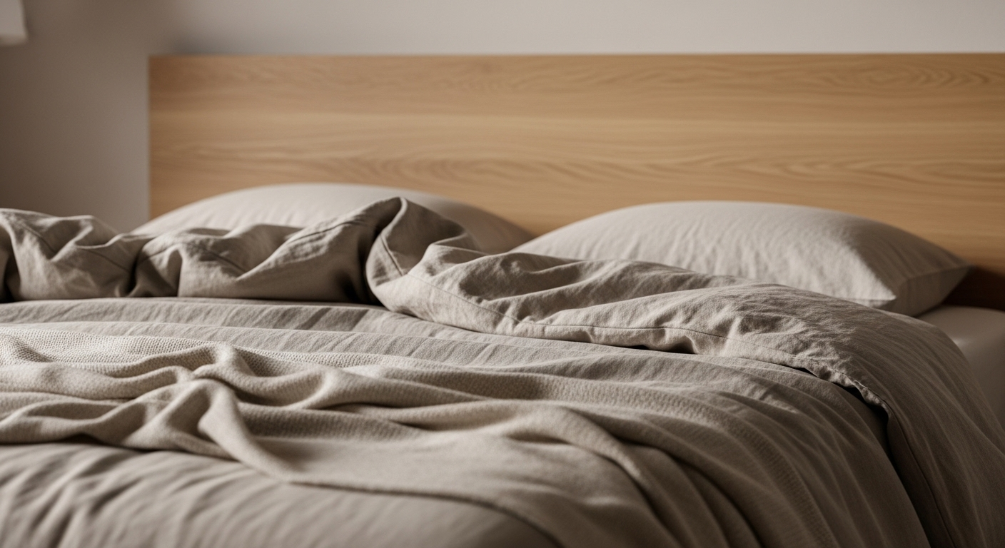 Giường tối giản với chăn ga linen màu be, chăn cotton mềm và đầu giường gỗ sồi sáng, tạo không gian trang trí phòng ngủ tối giản tự nhiên và thư thái.