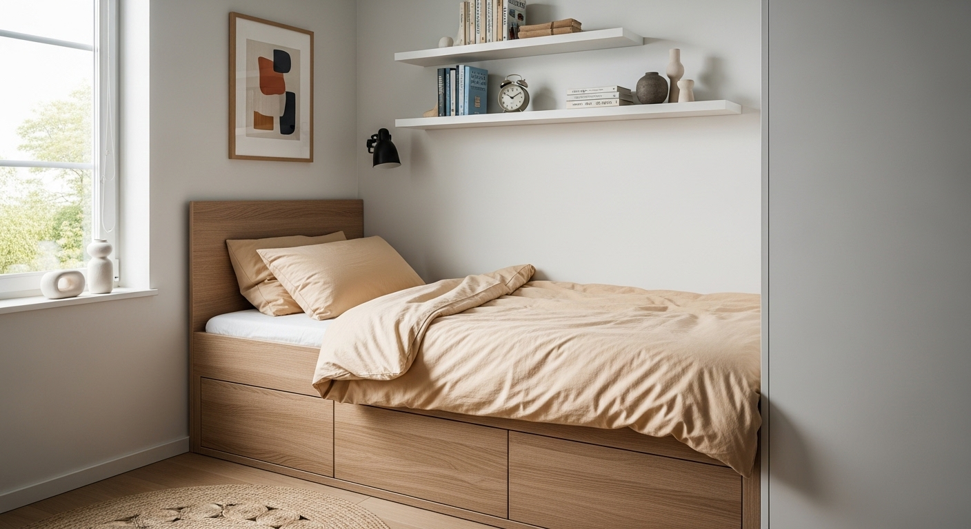 Trang trí phòng ngủ đẹp, nhỏ gọn với giường bục tích hợp ngăn kéo và kệ treo tường, sử dụng nội thất thông minh tông gỗ sáng để tối ưu không gian.