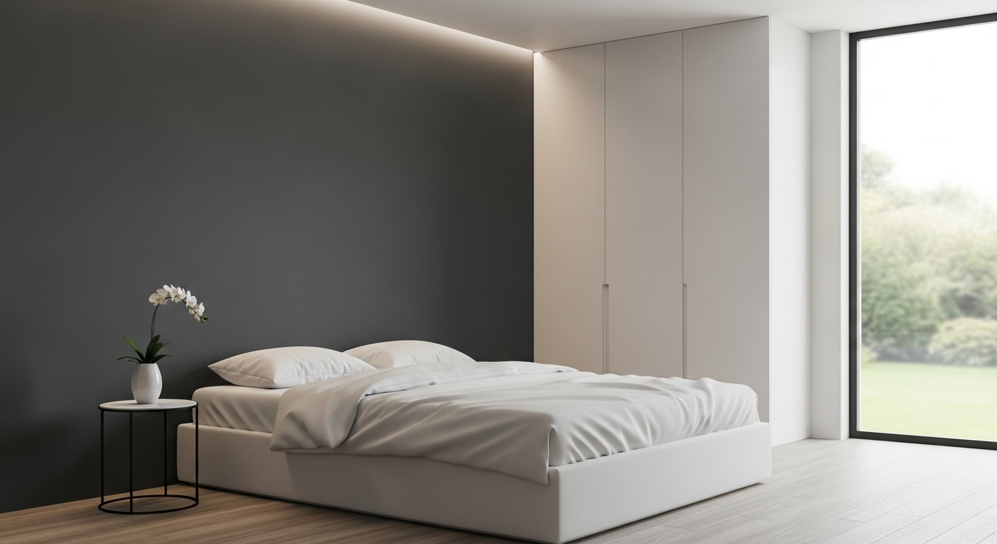 Phòng ngủ hiện đại tối giản với tường nhấn xám than, giường thấp ga trắng và tủ quần áo đơn giản. Một không gian tự trang trí phòng ngủ đẹp mang vẻ thanh lịch và ấm cúng.