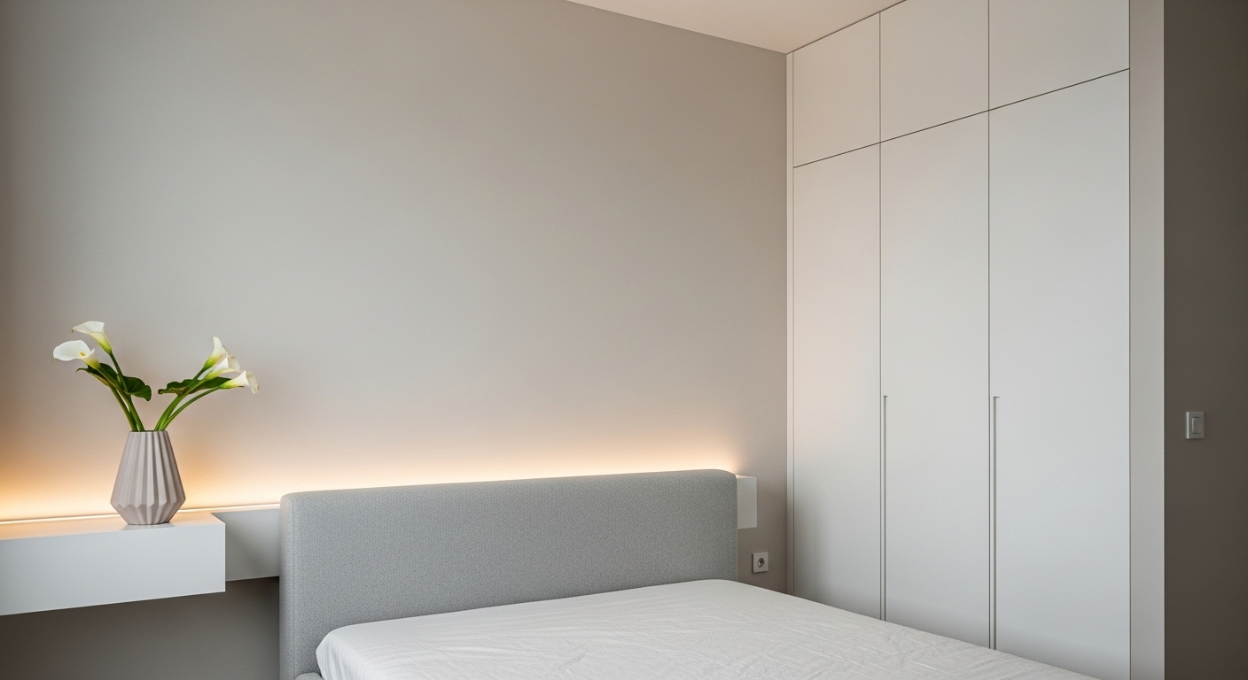 Trang trí phòng ngủ tối giản với giường thấp đầu nệm xám, tủ âm tường trắng tích hợp, và kệ nổi có bình hoa loa kèn trắng được chiếu sáng bằng đèn LED ấm.