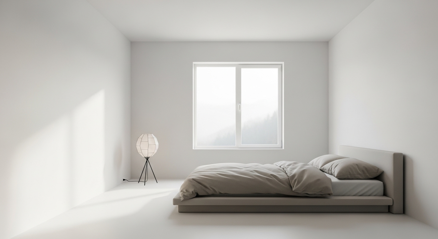 Phòng ngủ tối giản, rộng rãi với tường trắng tinh khôi, giường bệt và ánh sáng tự nhiên từ cửa sổ lớn. Mẫu trang trí phòng ngủ hiện đại, tạo không gian thoáng đãng và gọn gàng.