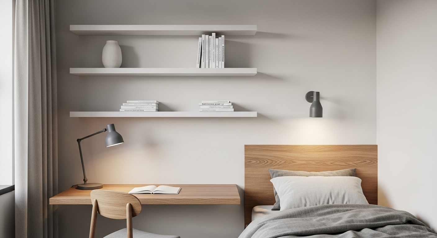 Ba kệ tường nổi màu trắng tinh tế đặt trên bàn gỗ nhỏ, là giải pháp thông minh để trang trí phòng ngủ nhỏ thêm gọn gàng và tối giản.