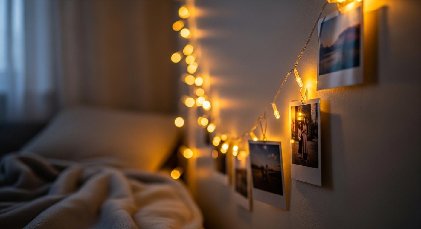 Cận cảnh trang trí phòng ngủ ấm cúng, với đèn LED dây tông ấm dăng trên tường lồng ghép ảnh kỷ niệm, mang đến ánh sáng dịu nhẹ.