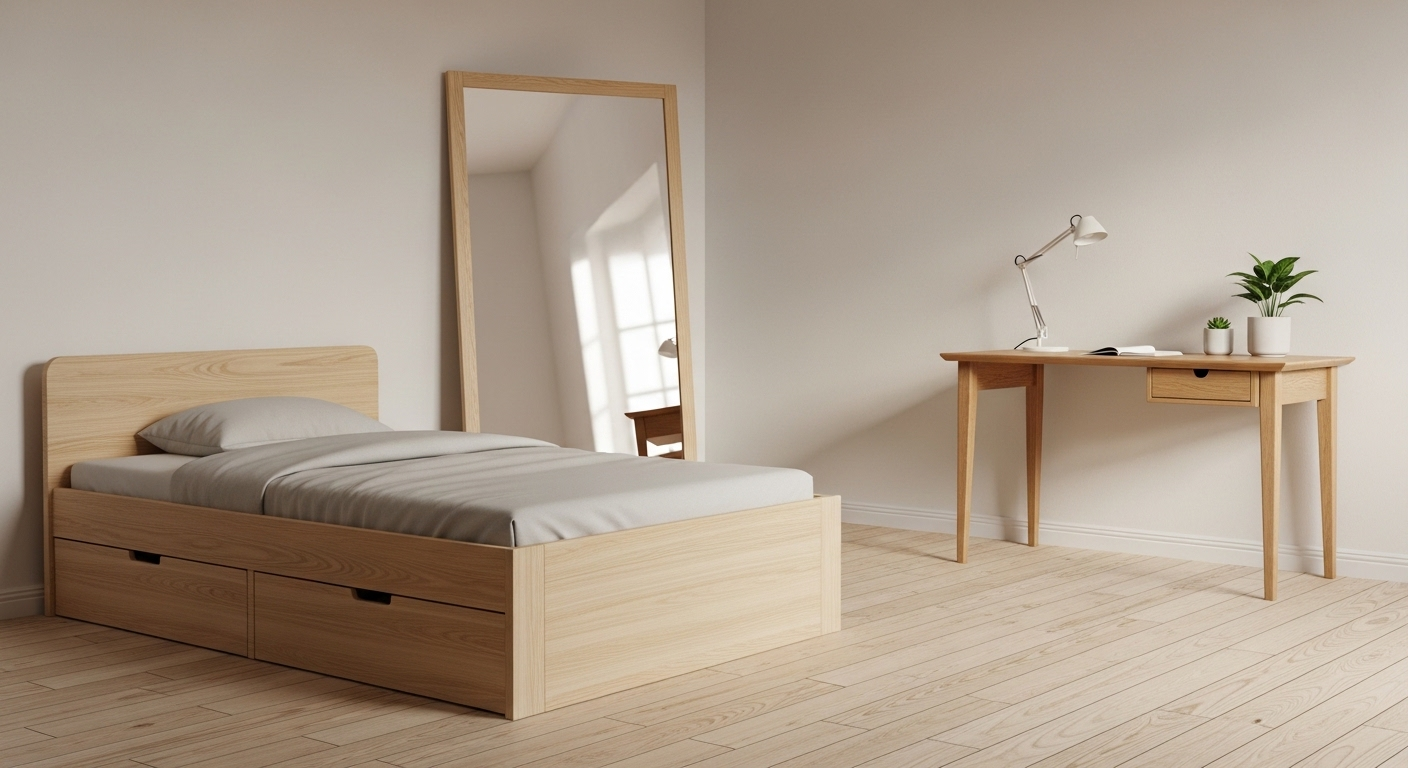 Trang trí phòng ngủ tối giản với giường gỗ sáng tích hợp ngăn kéo, gương lớn phản chiếu ánh sáng tự nhiên giúp không gian phòng rộng rãi, thoáng đãng.