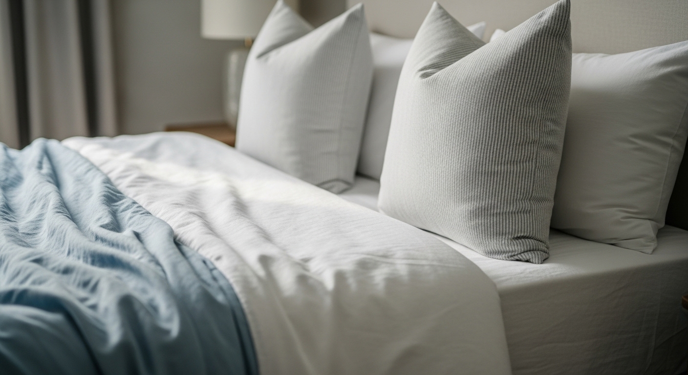 Giường ngủ gọn gàng với ga trắng, chăn xanh pastel mềm mại và gối tựa sọc trang trí, mang đến không gian thư giãn lý tưởng cho việc trang trí phòng ngủ.