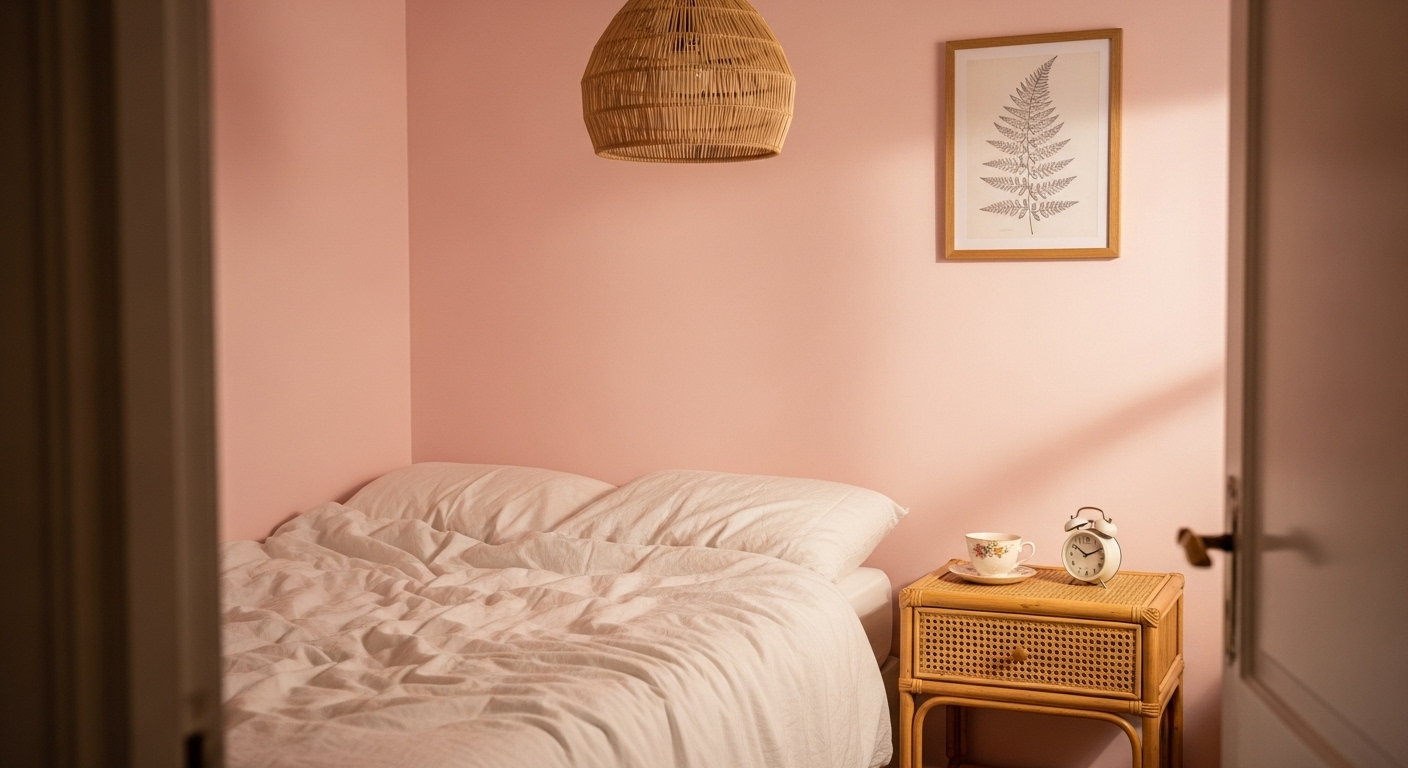 Decor phòng ngủ vintage ấm cúng với tường hồng pastel, giường drap trắng, bàn mây tre và đèn đan. Ánh sáng dịu nhẹ tạo không gian thư giãn.