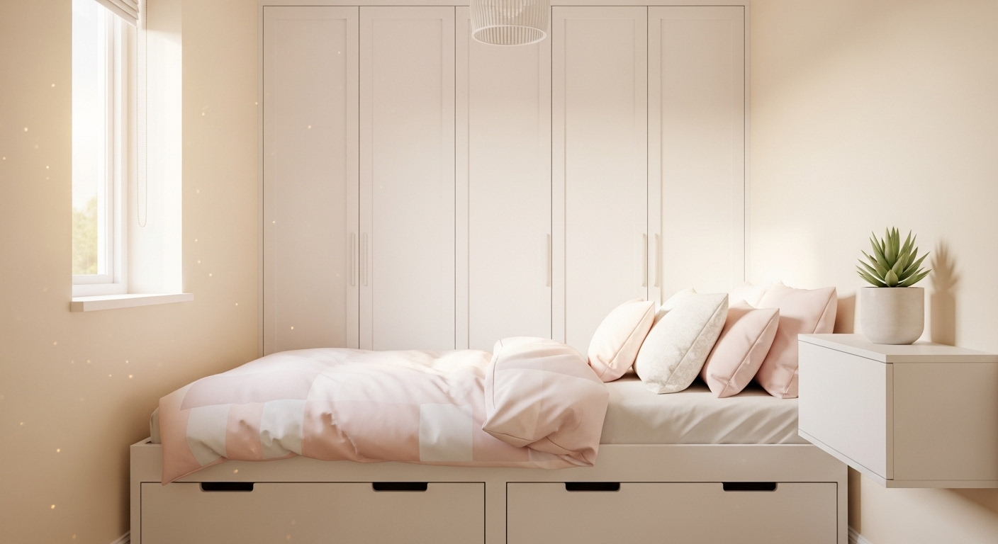 Trang trí phòng ngủ nhỏ cho nữ ấm cúng với tường kem, tủ âm tường trắng và giường bục tích hợp ngăn kéo. Nổi bật là chăn ga hồng pastel và cây mọng nước nhỏ xinh.