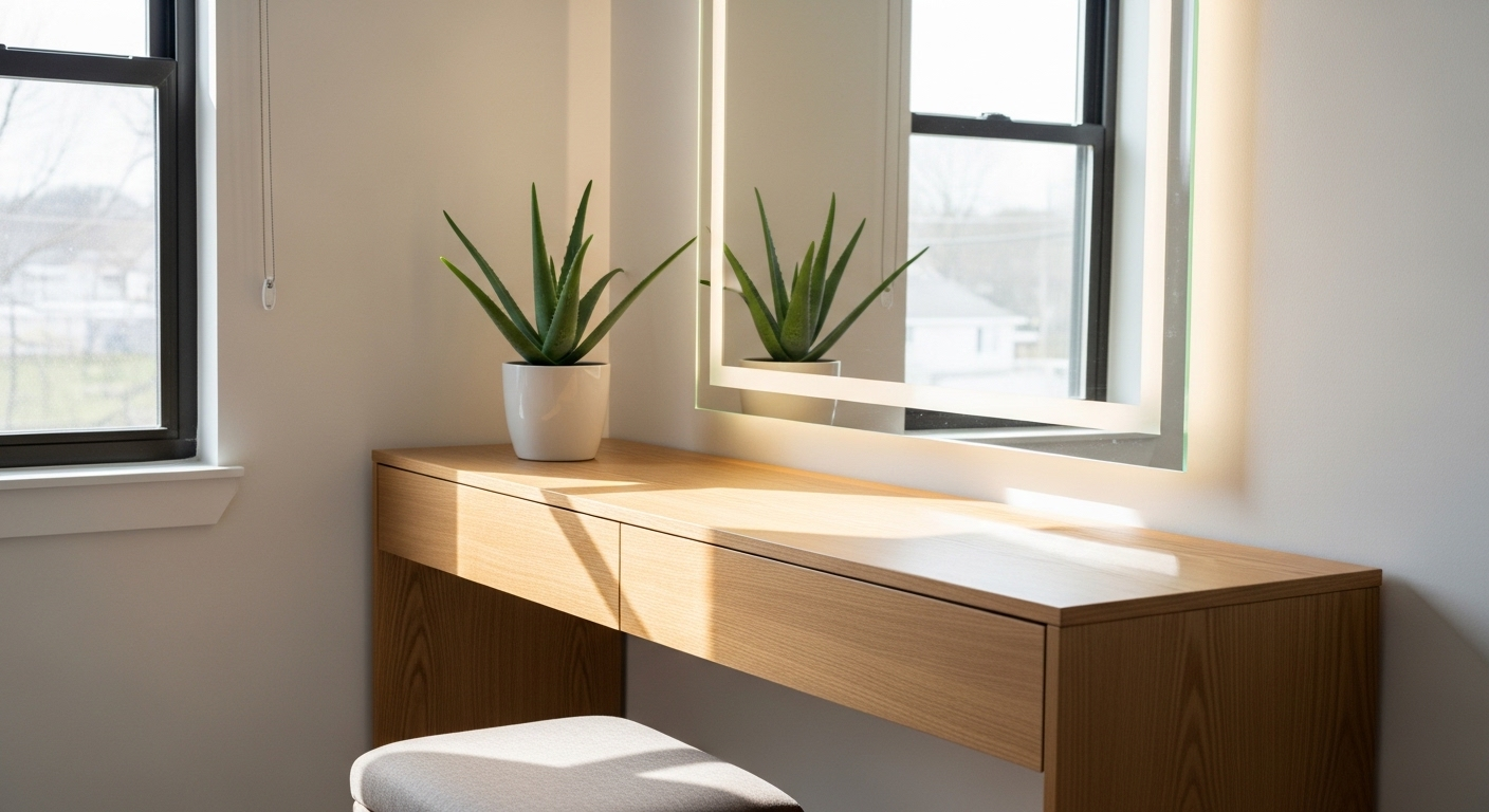 Bàn trang điểm gỗ sáng thanh lịch kèm gương LED, cây lô hội và ghế đôn êm ái, lý tưởng cho không gian trang trí phòng ngủ hiện đại.