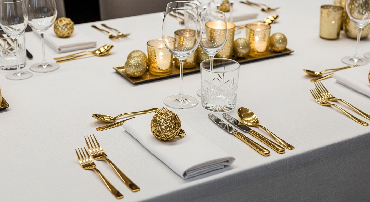 Cách trang trí bàn tiệc Giáng sinh sang trọng với khăn trải bàn trắng tinh khôi, bộ dao dĩa tông vàng lấp lánh, ly pha lê và nến vàng lung linh, tạo không gian ấm cúng.