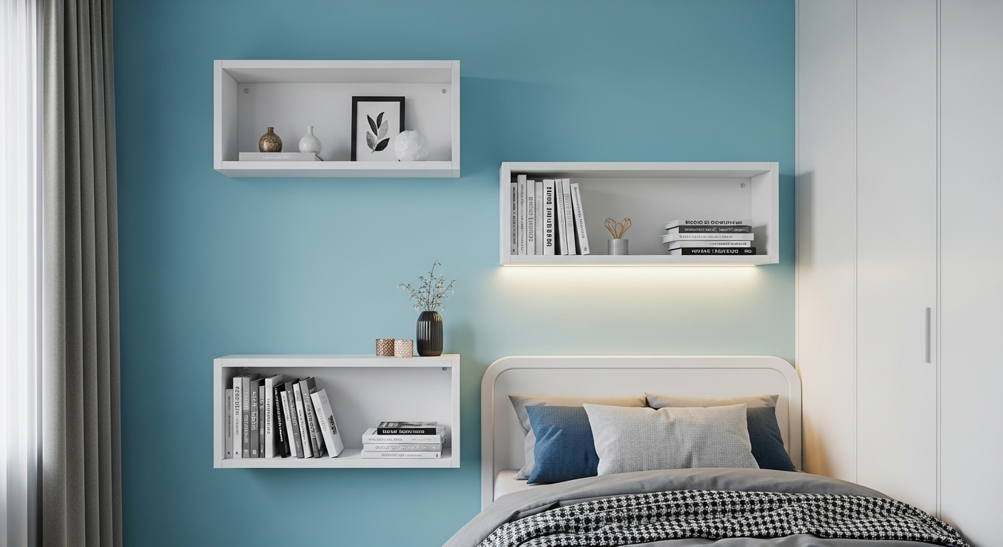 Phòng ngủ nhỏ sáng sủa với kệ nổi màu trắng trên tường xanh pastel, cung cấp giải pháp lưu trữ thông minh. Ánh sáng LED ấm áp làm nổi bật phong cách trang trí phòng ngủ nhỏ hiện đại và tiện nghi.