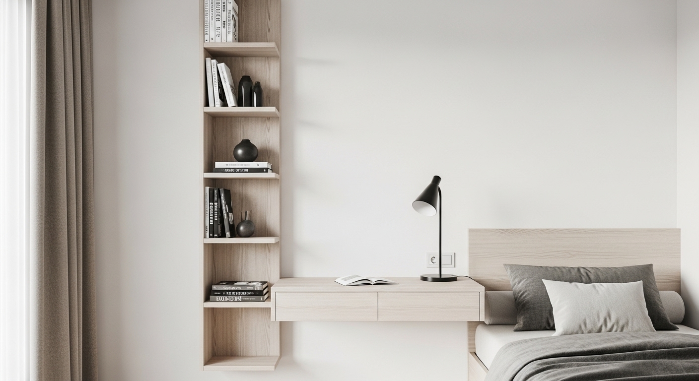 Phòng ngủ nhỏ hiện đại với kệ sách gỗ sáng và bàn treo tường trên nền tường trắng, minh họa cách trang trí phòng ngủ nhỏ gọn gàng và tối ưu không gian.