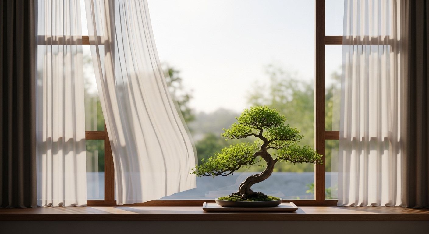 Cửa sổ lớn kiểu Zen với rèm trắng mỏng và cây bonsai trên bệ gỗ, ngập tràn ánh nắng sớm, tạo không gian yên bình cho trang trí phòng ngủ phong cách Nhật Bản.