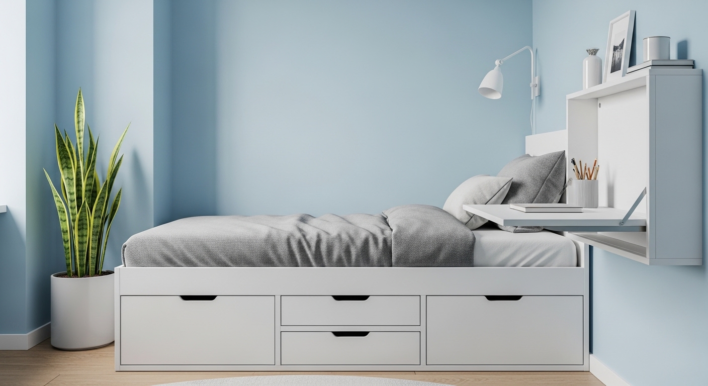 Cách trang trí phòng ngủ nhỏ gọn, tối giản với giường có ngăn kéo và bàn treo tường gấp gọn, tối ưu không gian.