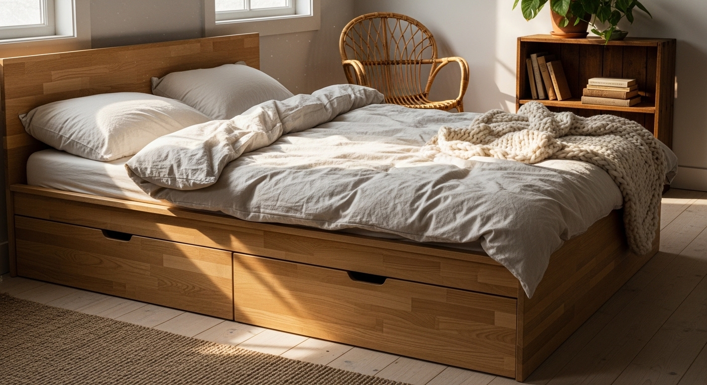 giường gỗ tích hợp ngăn kéo, ghế mây tre, kệ sách nhỏ cùng cây xanh. Ánh nắng dịu nhẹ chiếu sáng.