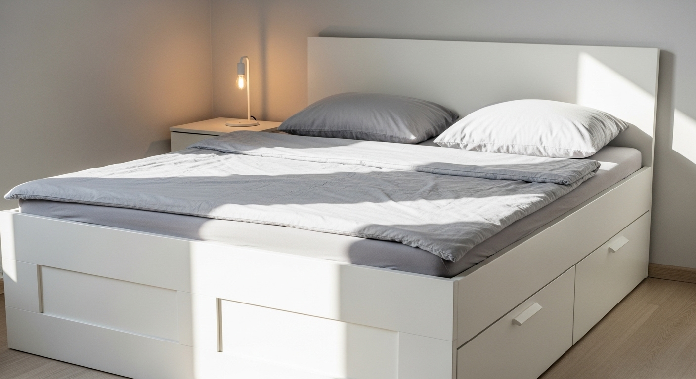 Phòng ngủ nhỏ ngập ánh sáng với giường trắng có ngăn kéo lưu trữ tích hợp, ga trải giường xám nhạt và đèn ngủ nhỏ gọn – một gợi ý thông minh cho cách trang trí phòng ngủ nhỏ.