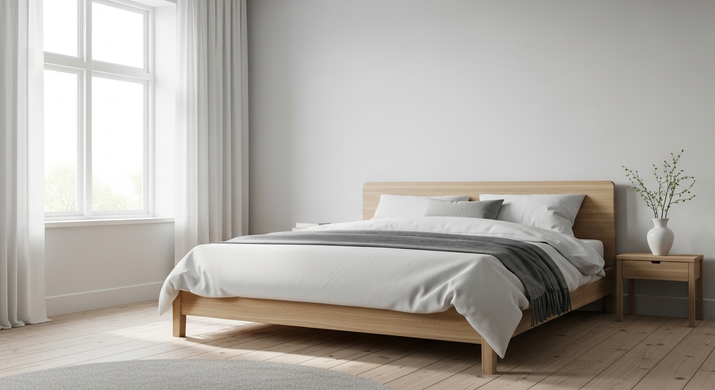 Phòng ngủ phong cách Scandinavian tối giản với giường gỗ thấp, ga trải giường trắng và chăn xám. Ánh sáng tự nhiên tràn ngập từ cửa sổ lớn, tạo nên ý tưởng decor phòng ngủ thanh lịch và hiện đại.