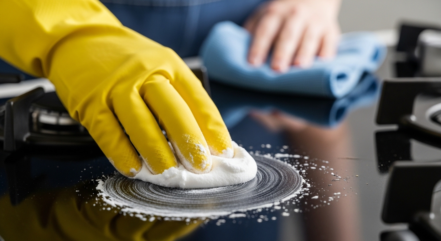 Tay đeo găng cao su vàng thoa hỗn hợp baking soda lên bếp ga, minh họa cách vệ sinh bếp ga hiệu quả bằng nguyên liệu tự nhiên.