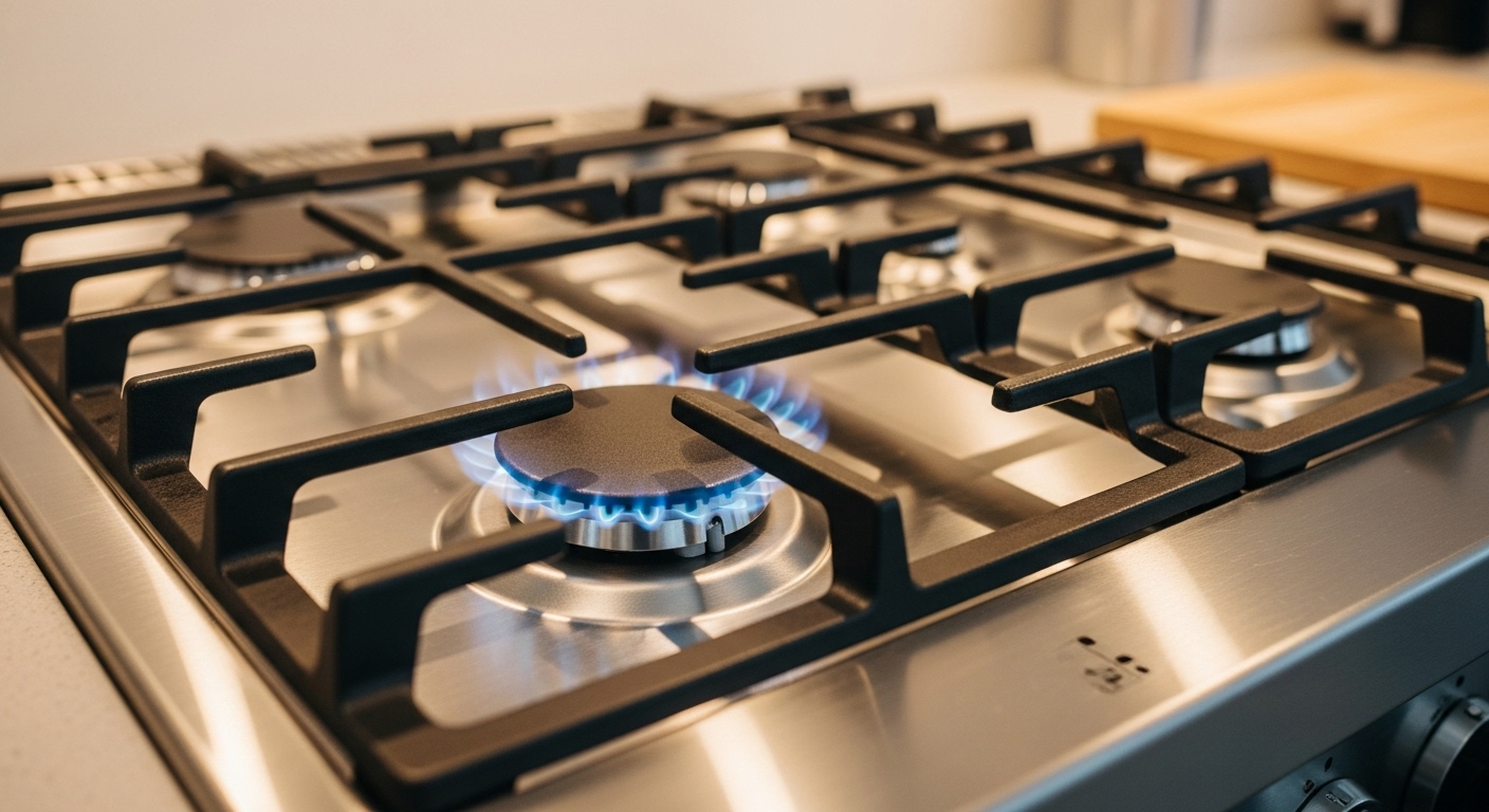 Bếp ga inox sáng bóng, sạch sẽ hoàn hảo với kiềng gang không tì vết và ngọn lửa xanh trong, minh chứng cho việc vệ sinh bếp ga đúng cách.