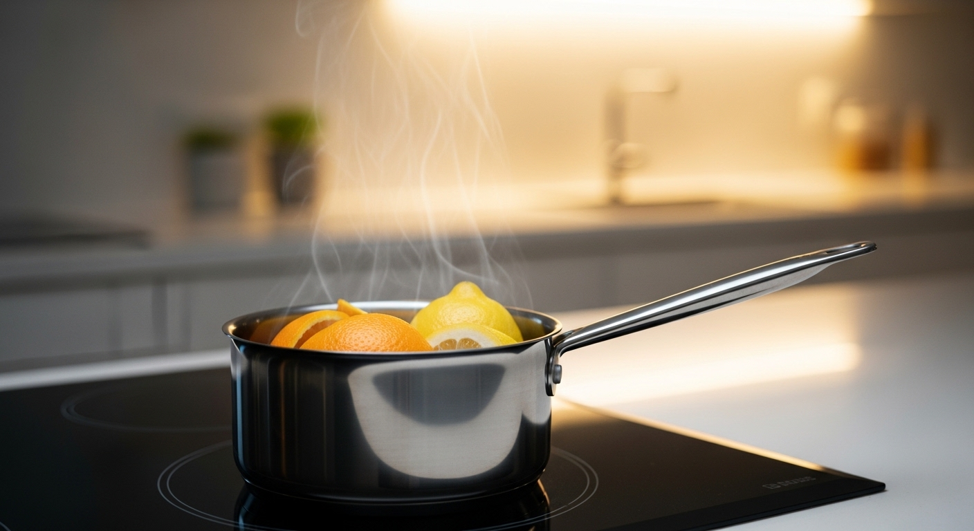Nồi inox nhỏ đang đun vỏ cam chanh trên bếp từ, một mẹo vặt nhà bếp đơn giản giúp không gian thơm mát và sạch sẽ.