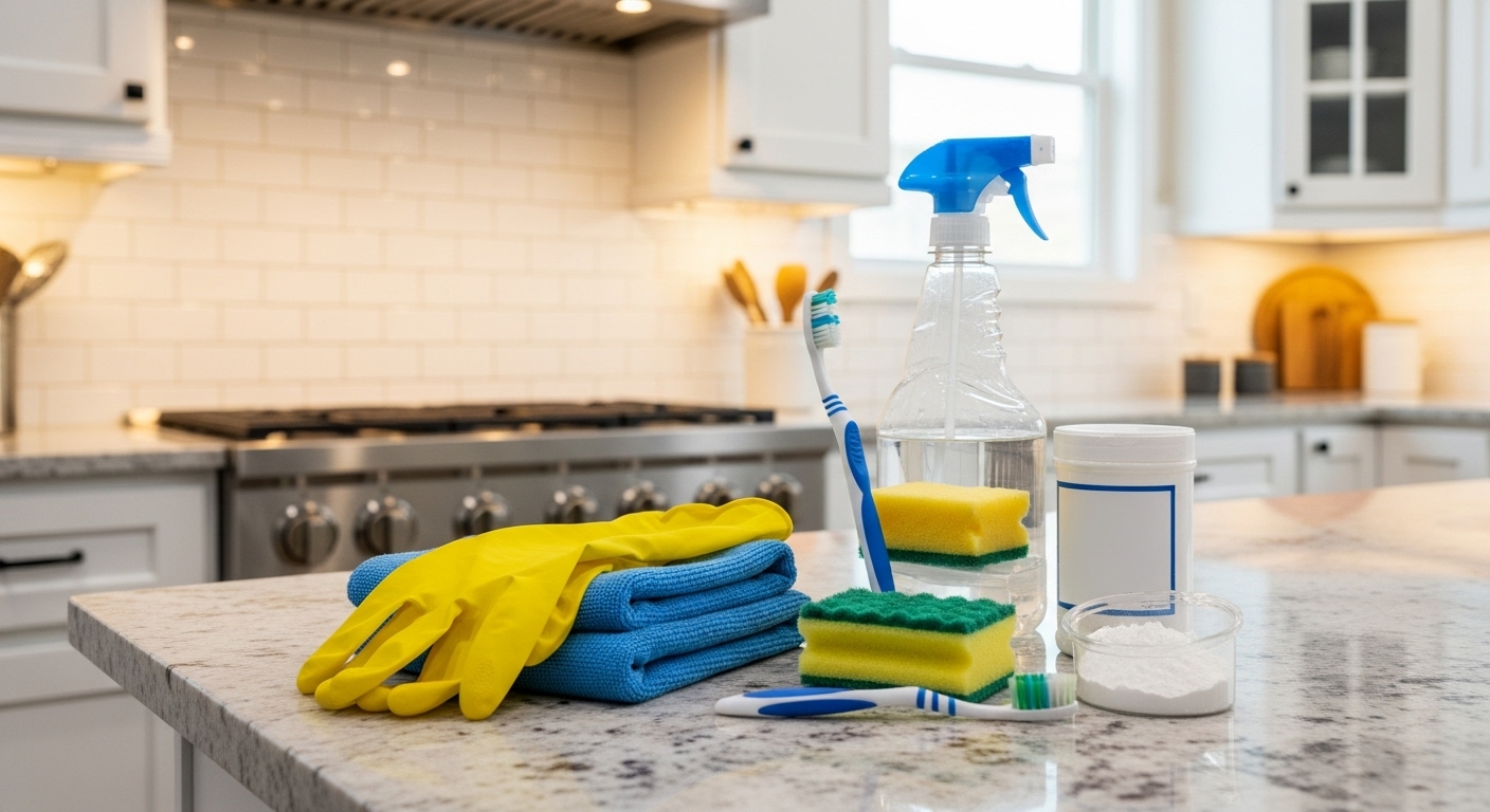 găng tay, khăn, baking soda, bàn chải sắp xếp gọn gàng trên mặt bếp cạnh bếp ga.