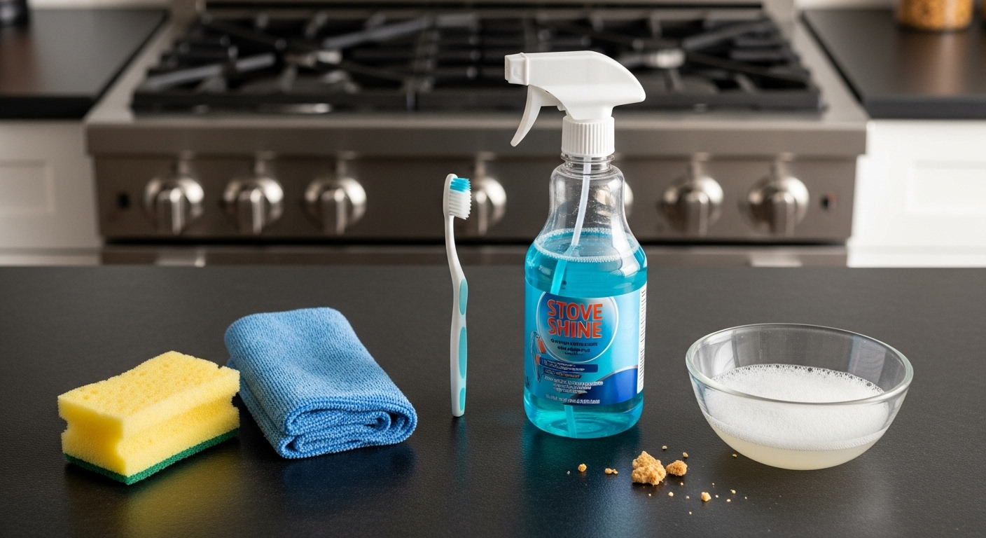 Bộ dụng cụ cần thiết cho việc vệ sinh bếp gas, gồm bọt biển, khăn vi sợi, bàn chải đánh răng cũ, dung dịch chuyên dụng và nước xà phòng ấm, được sắp xếp gọn gàng trên mặt bàn bếp.