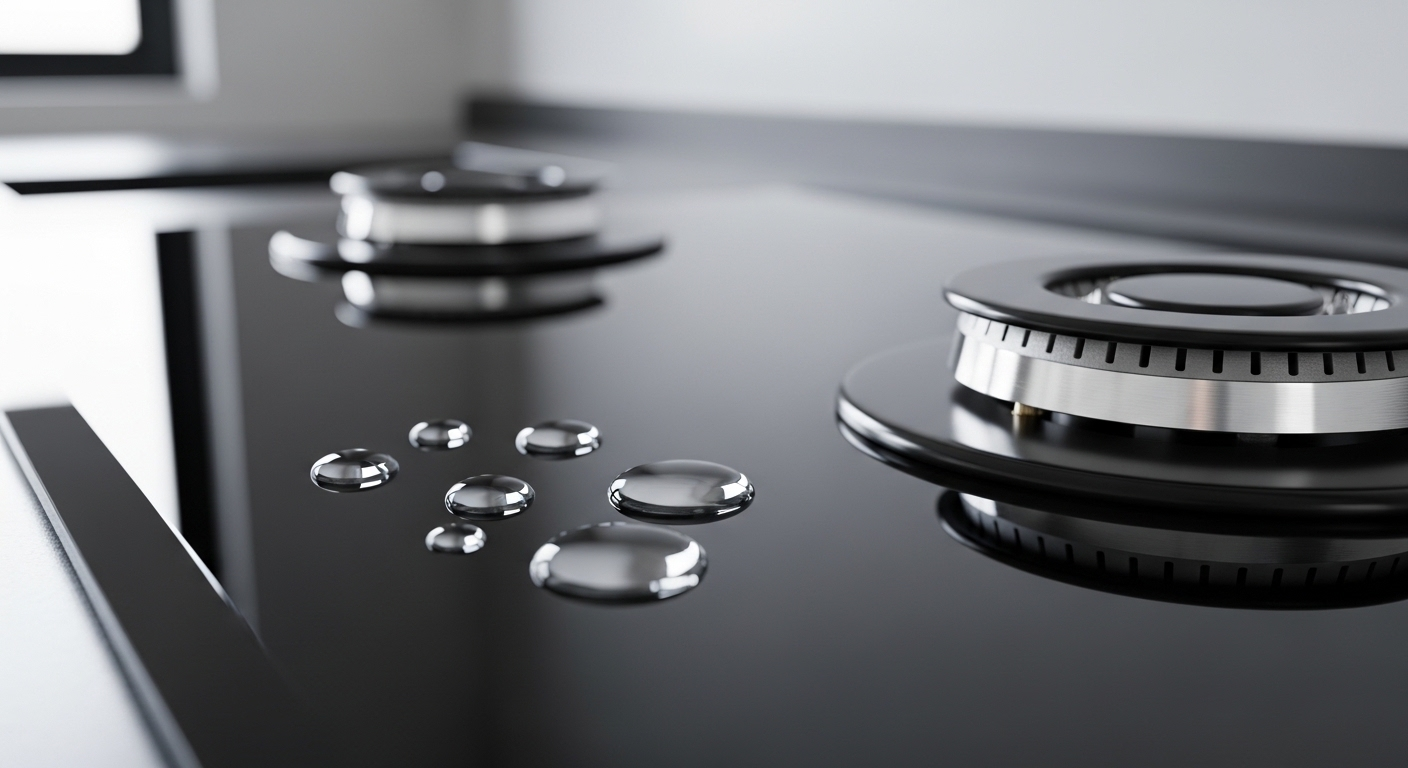 Bề mặt bếp gas kính đen bóng loáng với những giọt nước trong vắt và nắp kiềng inox tròn. Thích hợp cho nội dung về bảo dưỡng và tẩy vết rỉ sét trên bếp gas.