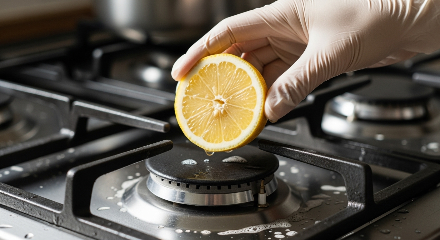 Tay đeo găng dùng chanh tươi chà bếp ga inox, thể hiện cách làm sạch bếp ga tự nhiên và hiệu quả.