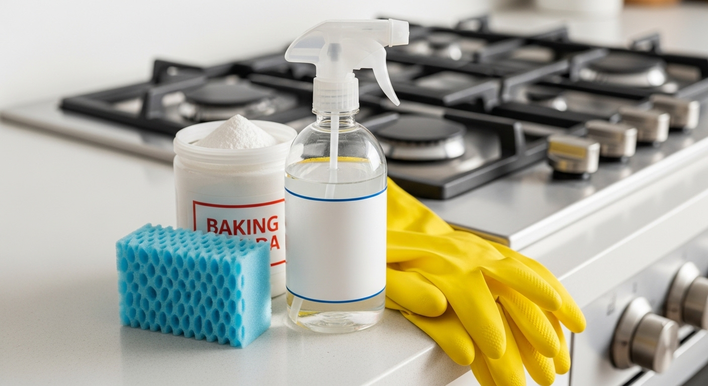Các vật liệu chuẩn bị sẵn như bột baking soda, giấm trắng, miếng mút và găng tay trên bàn bếp cạnh bếp gas, minh họa cho cách vệ sinh bếp gas hiệu quả.