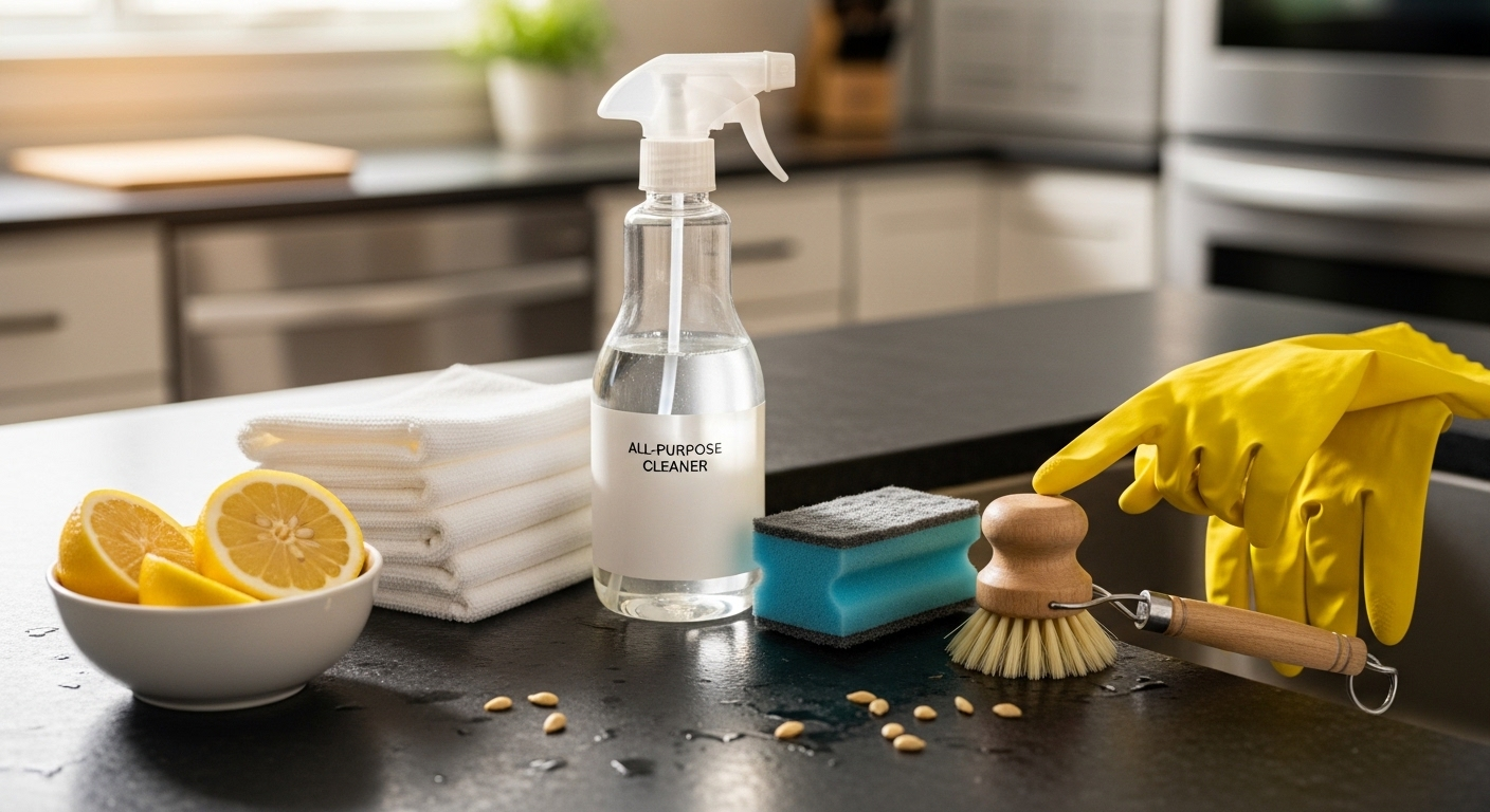 Bộ dụng cụ vệ sinh cơ bản trên bàn bếp gồm bình xịt, khăn, bọt biển, găng tay và chanh tươi, gợi ý cho cách vệ sinh tủ lạnh lâu ngày không dùng hiệu quả.