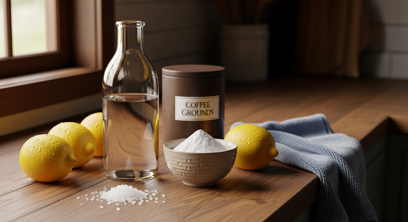 Bộ nguyên liệu tự nhiên trên bàn bếp gỗ, gồm giấm, baking soda, chanh, muối và bã cà phê cùng khăn microfiber, gợi ý cách làm sạch tủ lạnh hiệu quả.