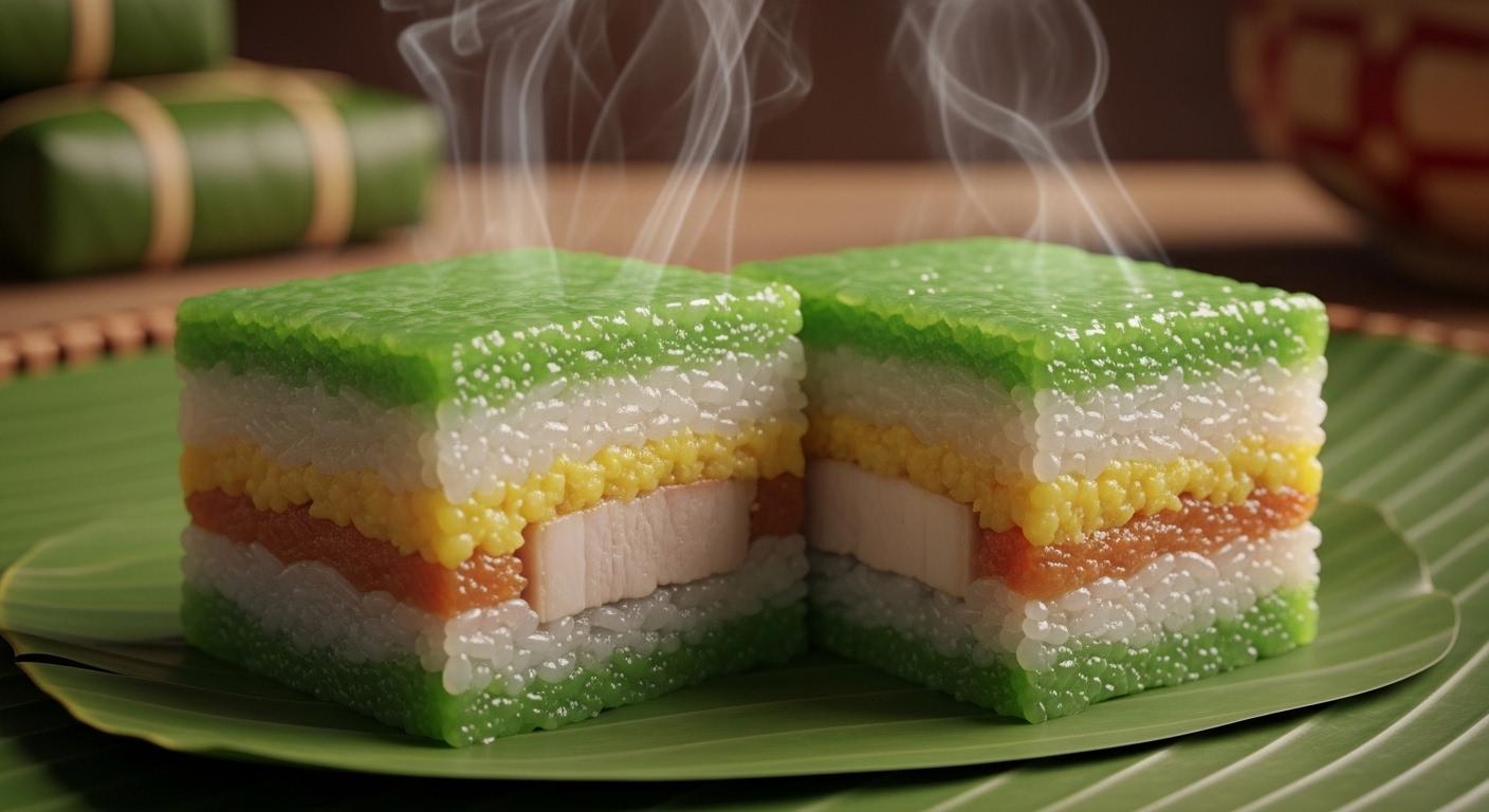 Bánh Chưng xanh mới bóc trên lá chuối, lộ rõ các lớp gạo nếp trắng, đậu xanh vàng và thịt ba chỉ, hơi nóng toả ra từ món ăn ngày Tết nóng hổi.