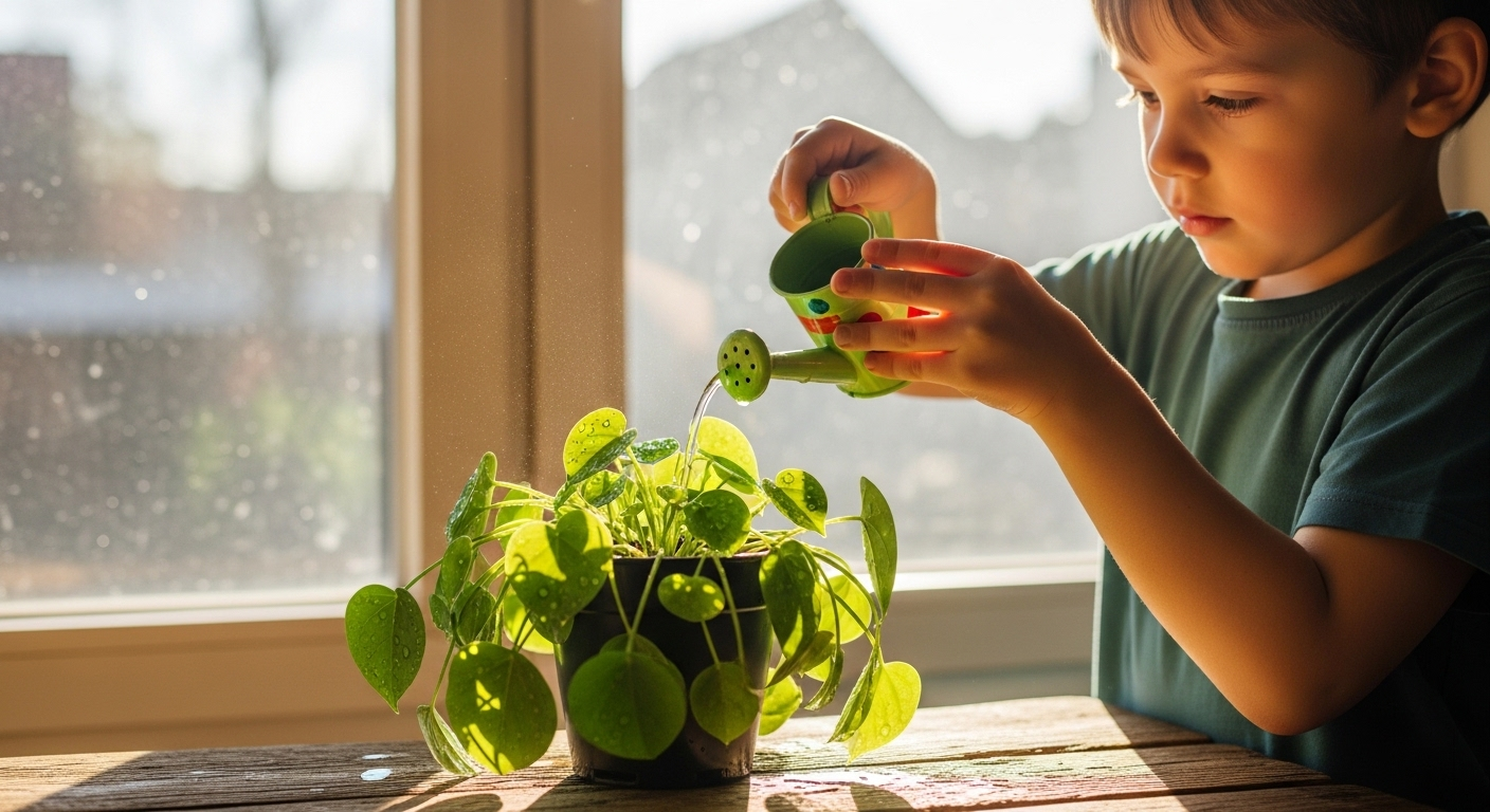 Bé 4-5 tuổi cẩn thận tưới cây cảnh trên bệ cửa sổ, minh họa việc dạy con làm việc nhà.