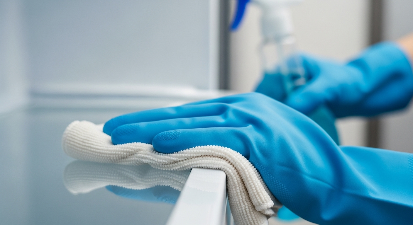 Cận cảnh tay đeo găng xanh lau sạch bóng kệ tủ lạnh bằng khăn microfiber. Minh họa quy trình vệ sinh tủ lạnh chuyên nghiệp.