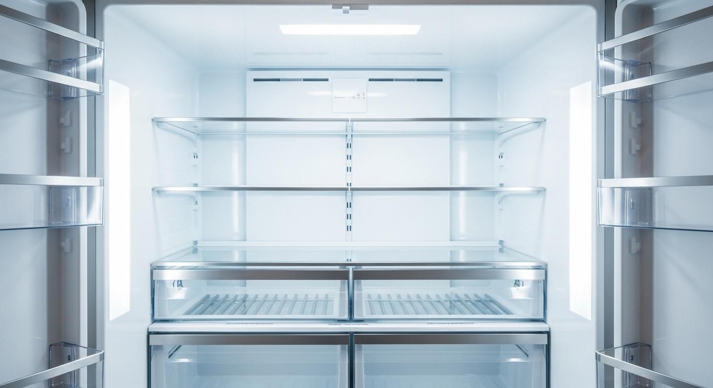 Nội thất tủ lạnh trắng sạch tinh tươm, sáng bóng với kệ kính và ngăn kéo trong suốt, minh họa cho cách vệ sinh tủ lạnh hiệu quả.