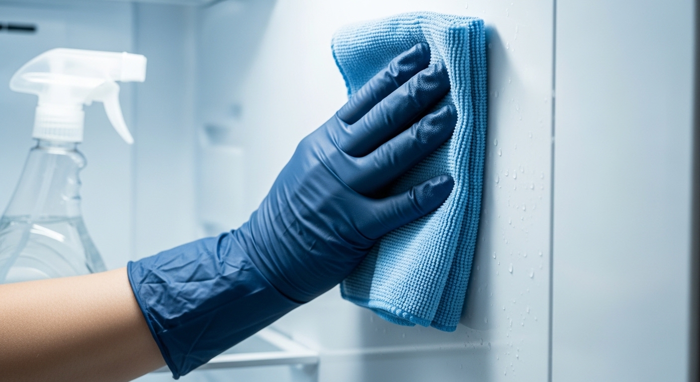 Cận cảnh tay đeo găng dùng khăn mềm lau sạch bên trong tủ lạnh trắng tinh, minh họa quy trình vệ sinh tủ lạnh kỹ lưỡng.