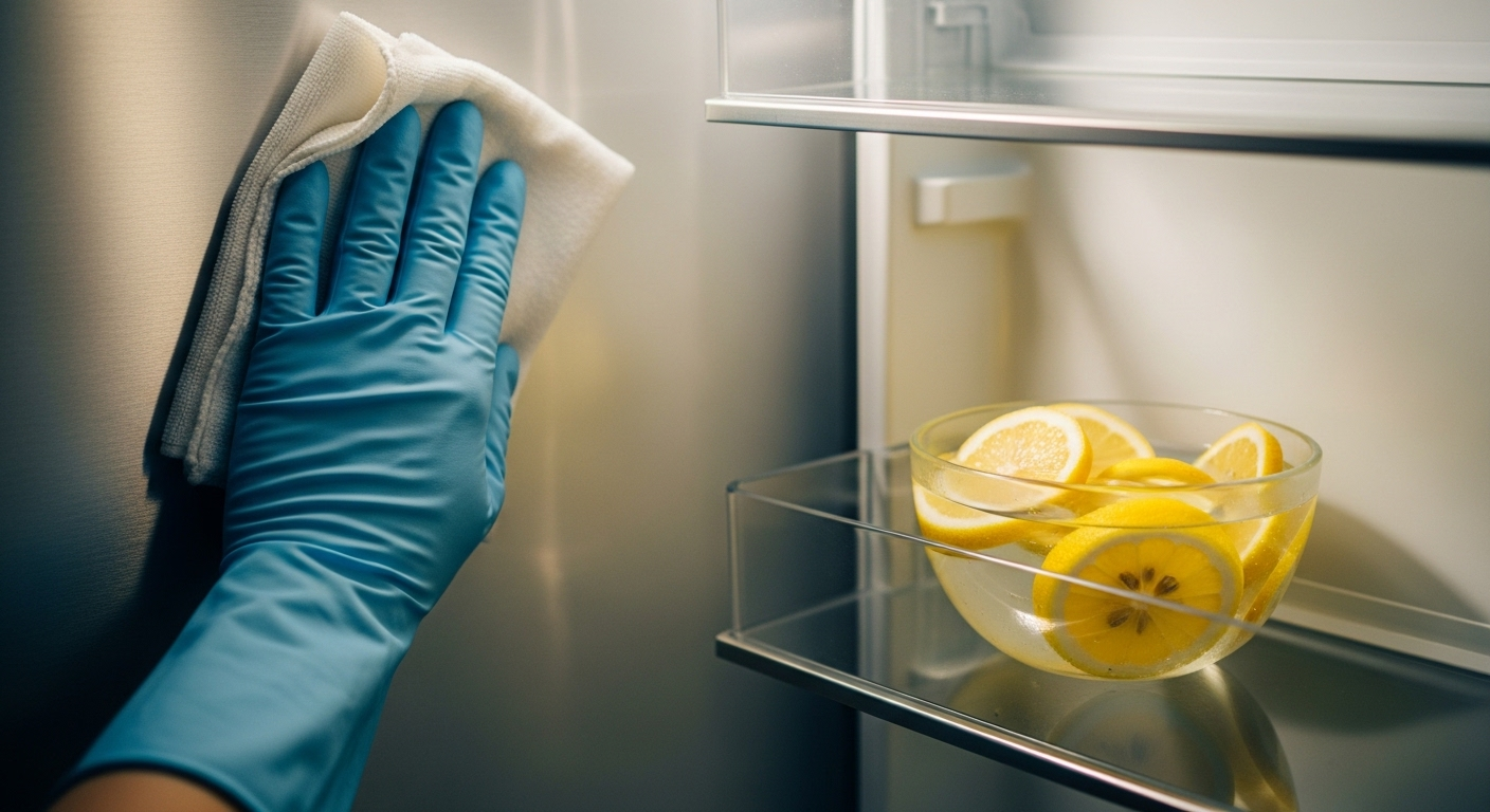 Tay đeo găng đang nhẹ nhàng lau dọn bên trong, thực hiện vệ sinh tủ lạnh đúng cách bằng khăn mềm. Bát chanh tươi trên kệ gợi ý phương pháp khử mùi tự nhiên.
