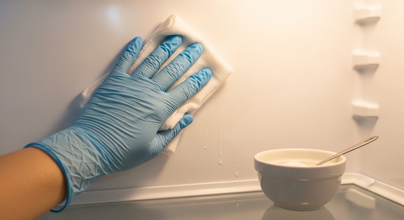 Bàn tay đeo găng nhẹ nhàng lau chùi bên trong tủ lạnh bằng khăn ẩm, có dung dịch baking soda. Hình ảnh minh họa cách vệ sinh tủ lạnh sạch sẽ và hiệu quả.