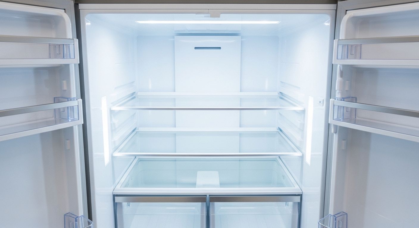 Bên trong tủ lạnh sạch bóng, trống rỗng với tường trắng và kệ kính sáng, minh họa cách vệ sinh tủ lạnh hiệu quả.