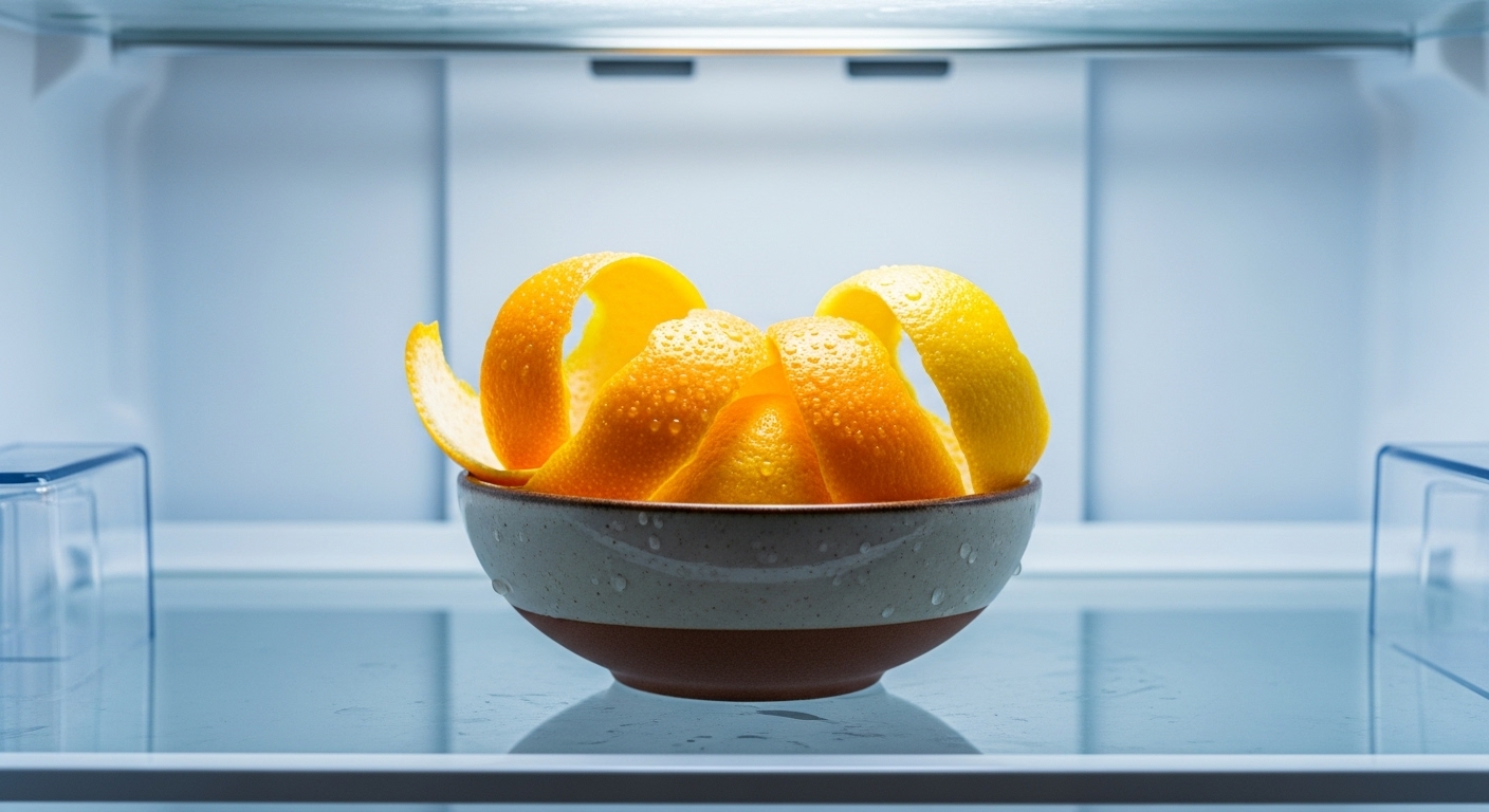 Vỏ cam chanh tươi rực rỡ trong bát sứ nhỏ trên kệ tủ lạnh, minh họa cách khử mùi hôi tủ lạnh bằng phương pháp tự nhiên hiệu quả.