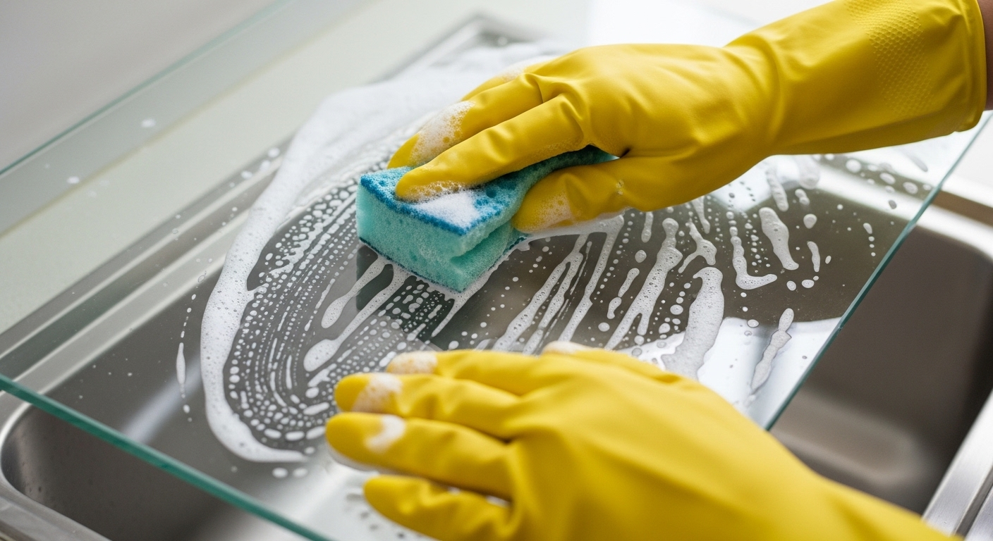 Cận cảnh tay đeo găng vàng dùng bọt biển vệ sinh kệ kính tủ lạnh trong bồn rửa, minh họa cách vệ sinh tủ lạnh hiệu quả giúp bề mặt luôn sạch bóng.